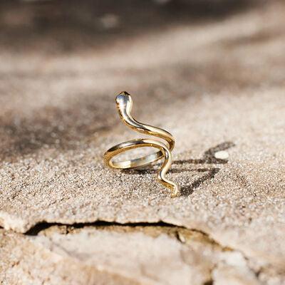 a gold snake ring sitting on top of a rock