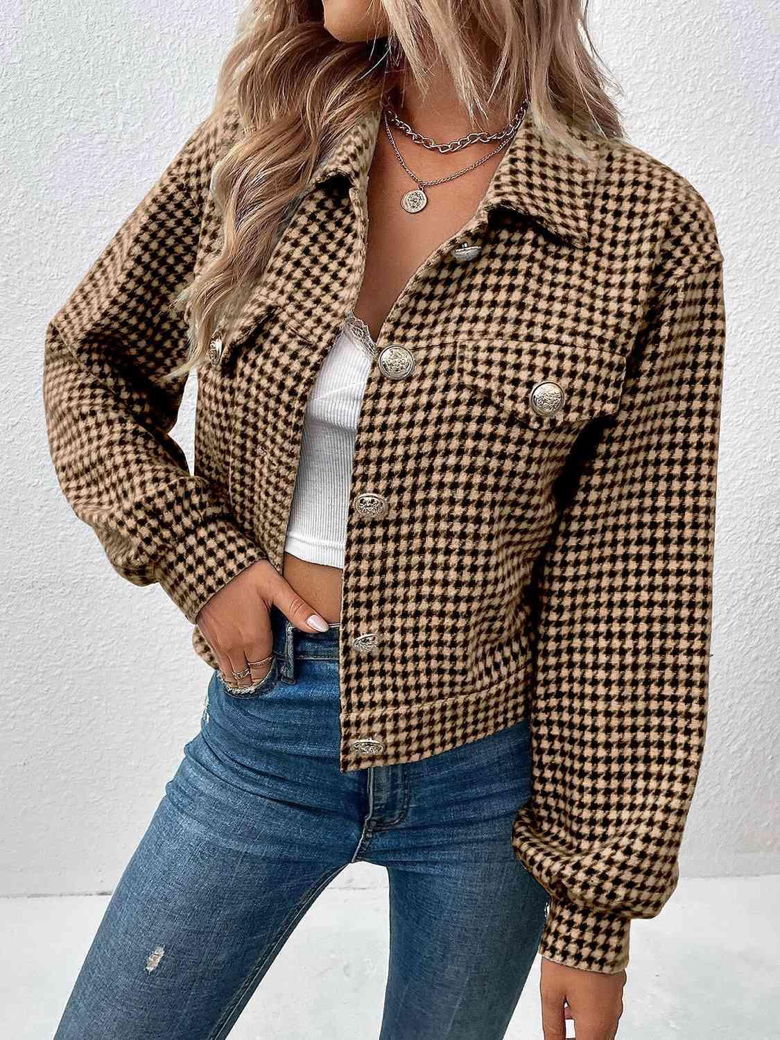 a woman wearing a black and white checkered jacket