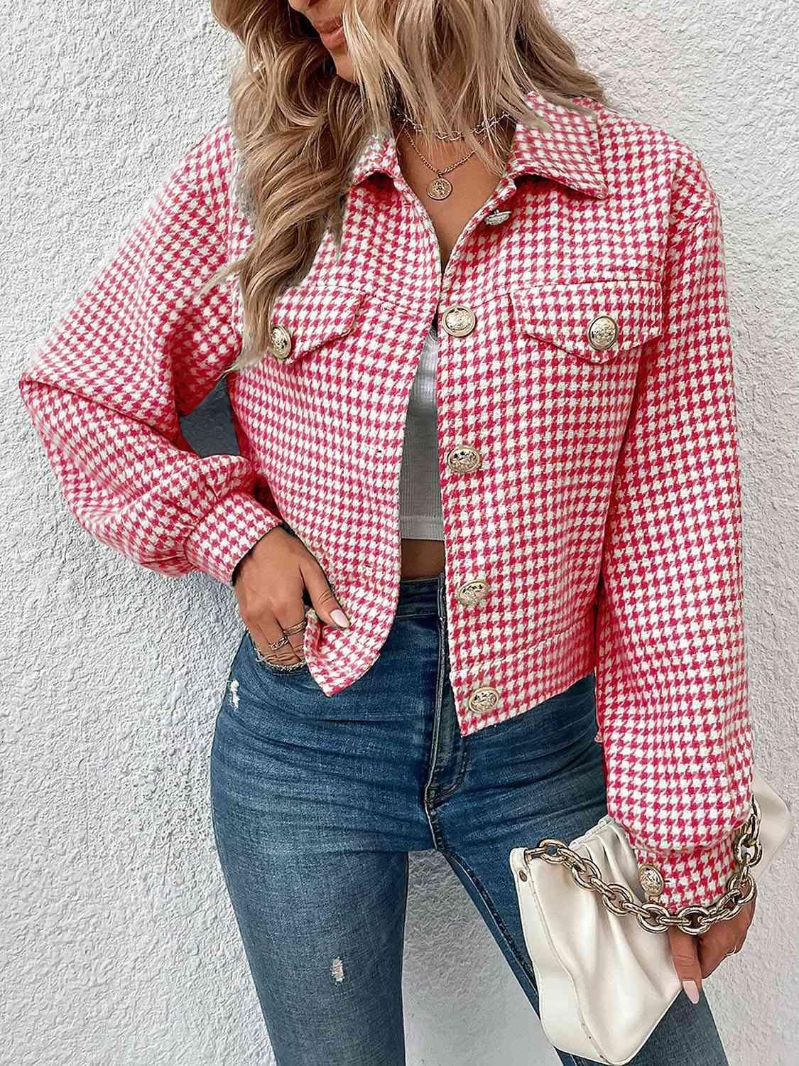 a woman wearing a red and white checkered jacket