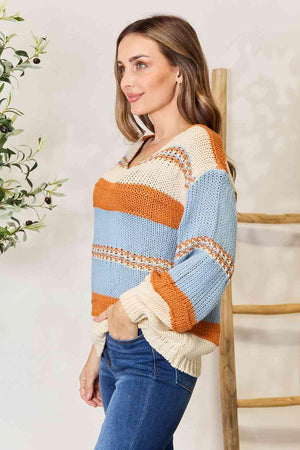 Rustic Vibe Striped Scoop Neck Sweater-MXSTUDIO.COM