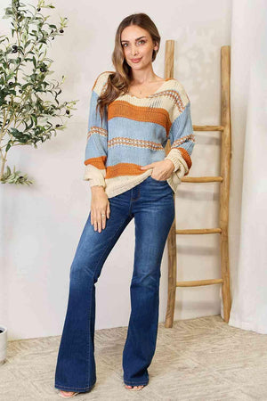 Rustic Vibe Striped Scoop Neck Sweater-MXSTUDIO.COM