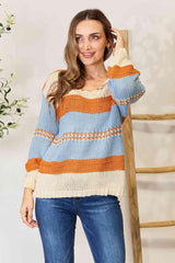 Rustic Vibe Striped Scoop Neck Sweater-MXSTUDIO.COM