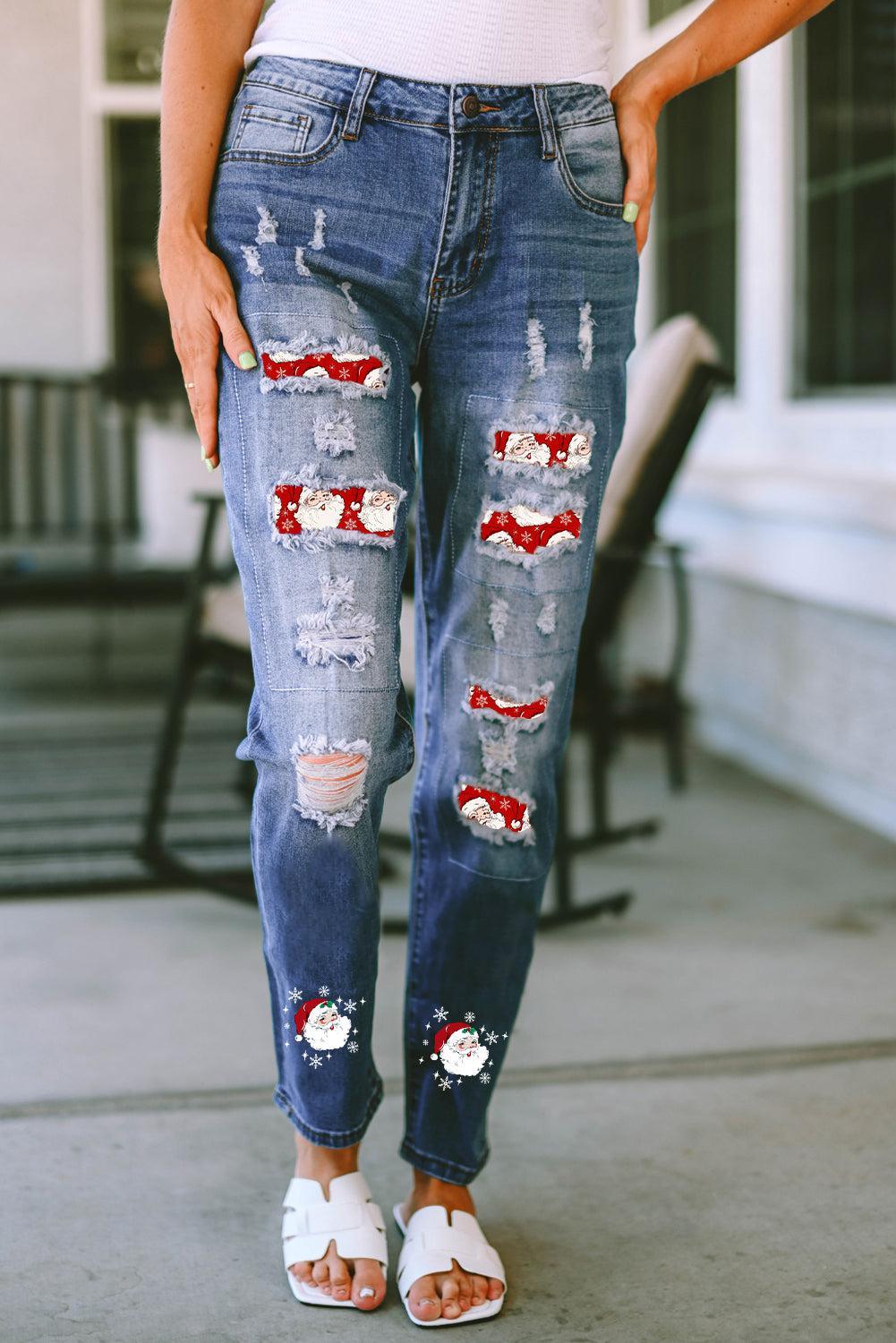 a woman wearing ripped jeans with red and white patches