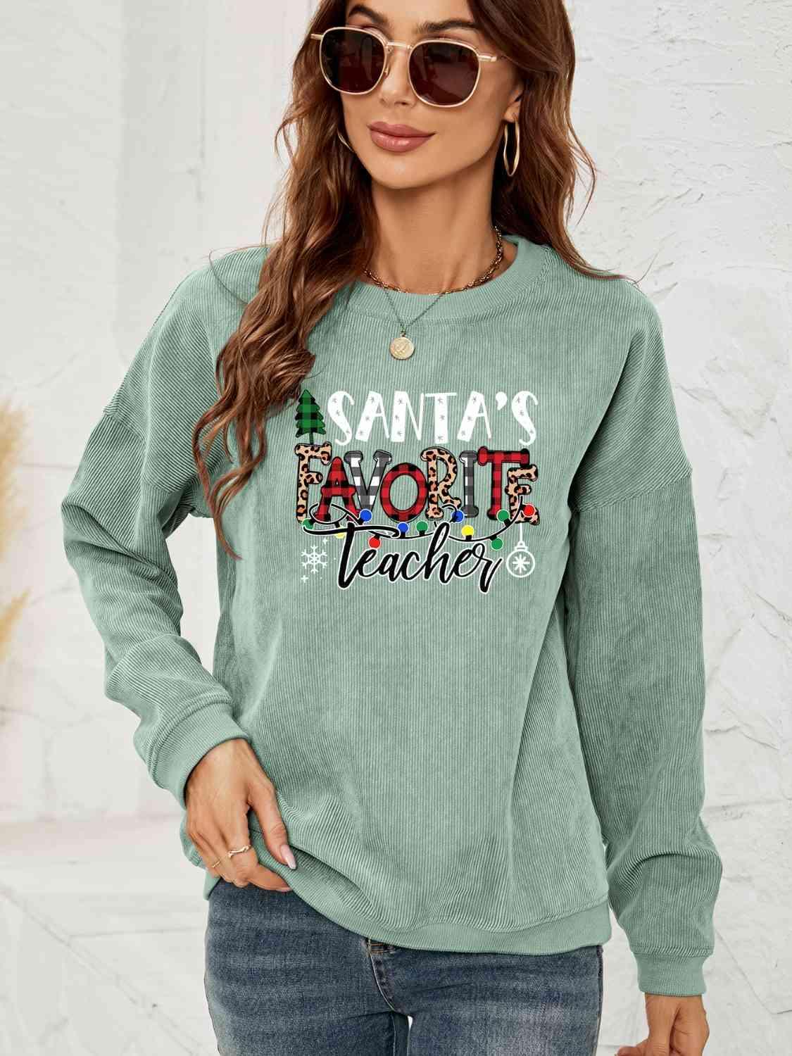 Santa's Favorite Teacher Graphic Christmas Sweatshirt-MXSTUDIO.COM