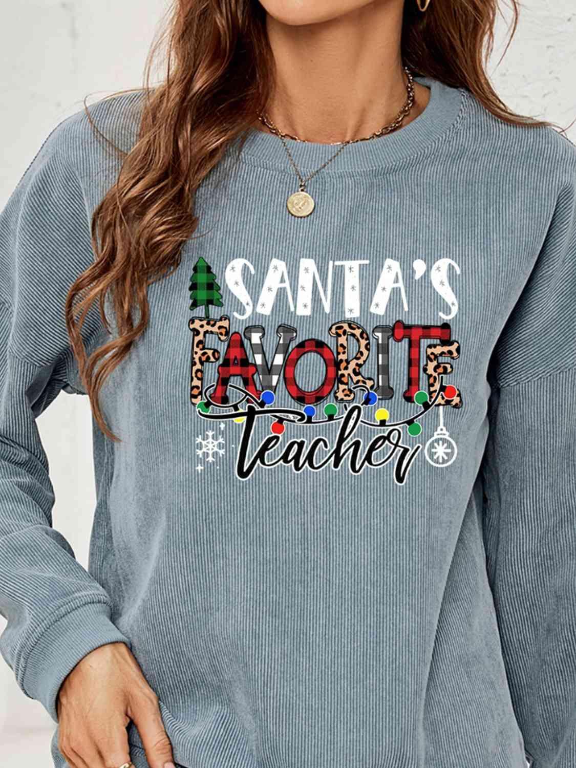 Santa's Favorite Teacher Graphic Christmas Sweatshirt-MXSTUDIO.COM