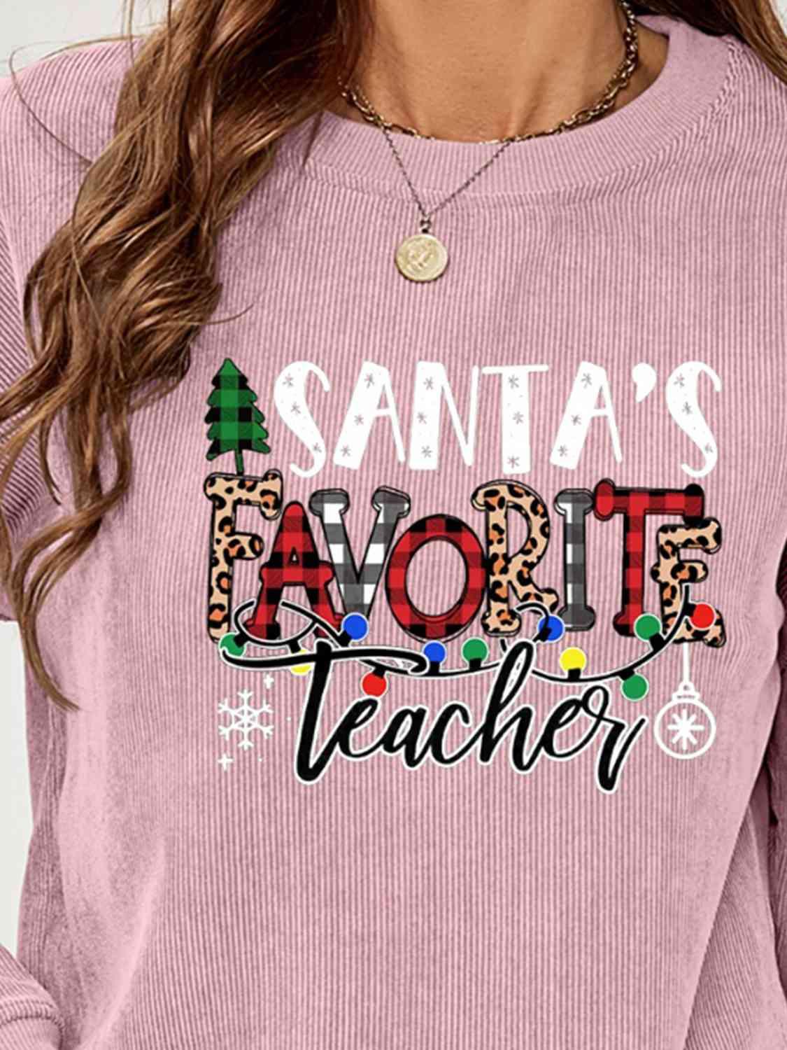 Santa's Favorite Teacher Graphic Christmas Sweatshirt-MXSTUDIO.COM