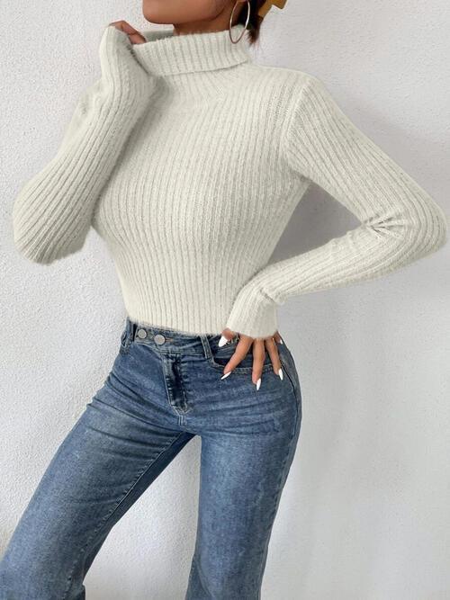 Sassy Autumn Rib Knit Turtleneck Sweater-MXSTUDIO.COM