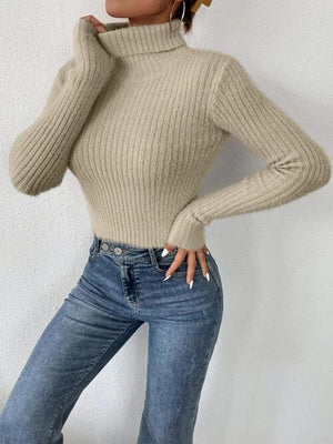 Sassy Autumn Rib Knit Turtleneck Sweater-MXSTUDIO.COM