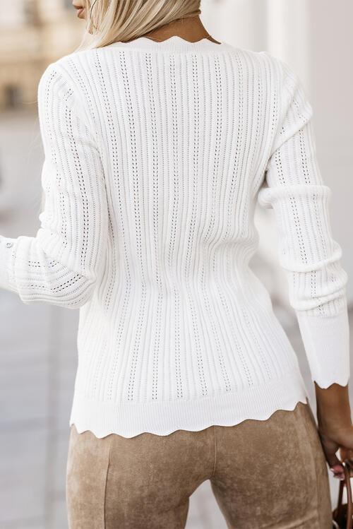 Sassy Comfort Eyelet Long Sleeve White Sweater-MXSTUDIO.COM