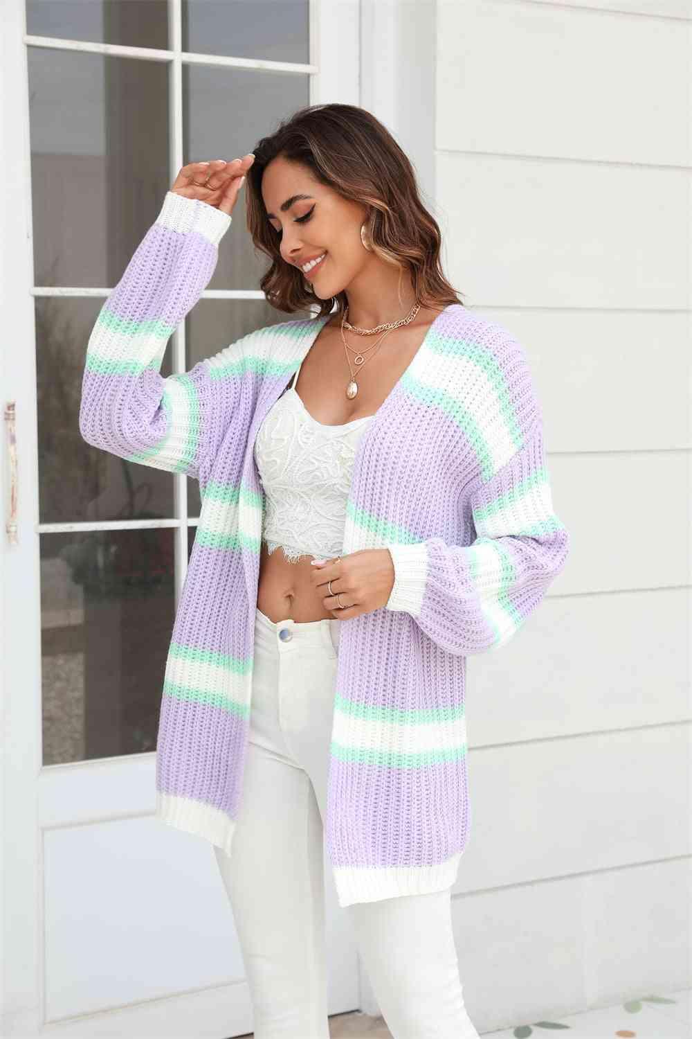 Sassy Comfort Striped Open Front Tunic Cardigan - MXSTUDIO.COM