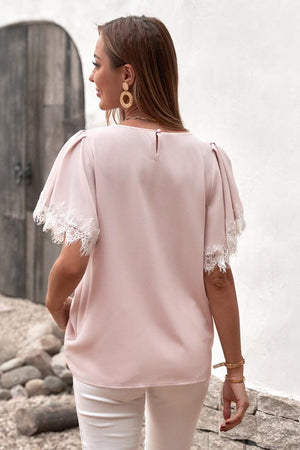 Sassy Saturday Flutter Sleeve Pink Lace Blouse - MXSTUDIO.COM