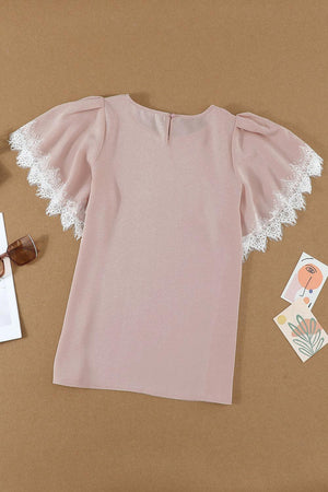 Sassy Saturday Flutter Sleeve Pink Lace Blouse - MXSTUDIO.COM