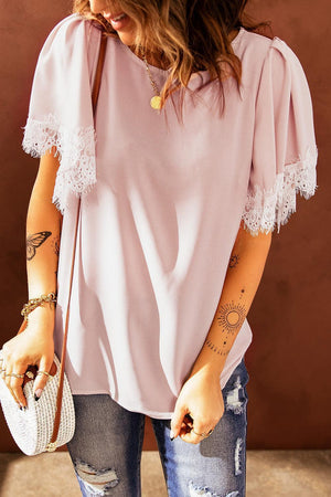 Sassy Saturday Flutter Sleeve Pink Lace Blouse - MXSTUDIO.COM