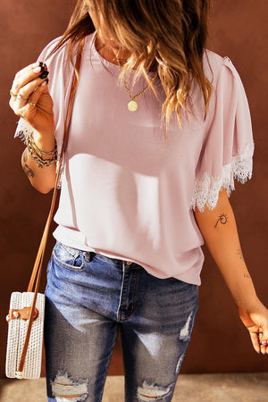 Sassy Saturday Flutter Sleeve Pink Lace Blouse - MXSTUDIO.COM