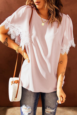 Sassy Saturday Flutter Sleeve Pink Lace Blouse - MXSTUDIO.COM