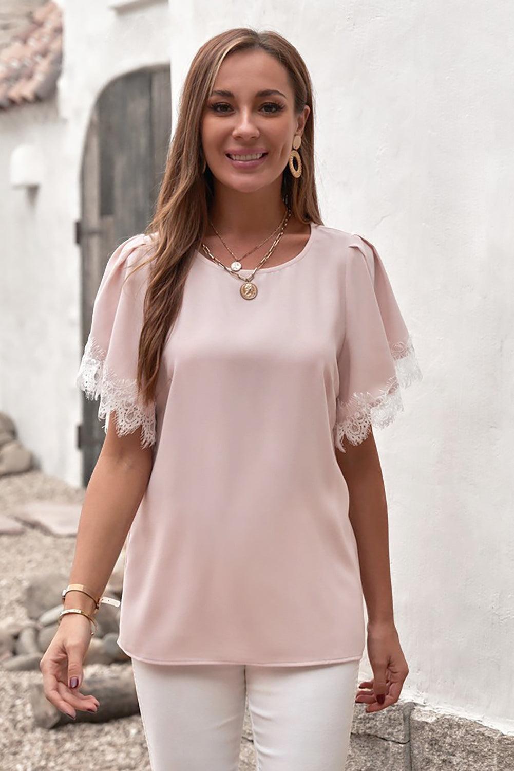 Sassy Saturday Flutter Sleeve Pink Lace Blouse - MXSTUDIO.COM