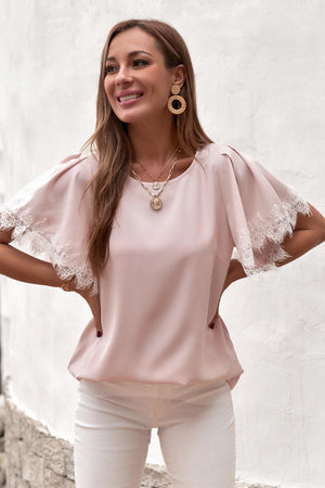 Sassy Saturday Flutter Sleeve Pink Lace Blouse - MXSTUDIO.COM