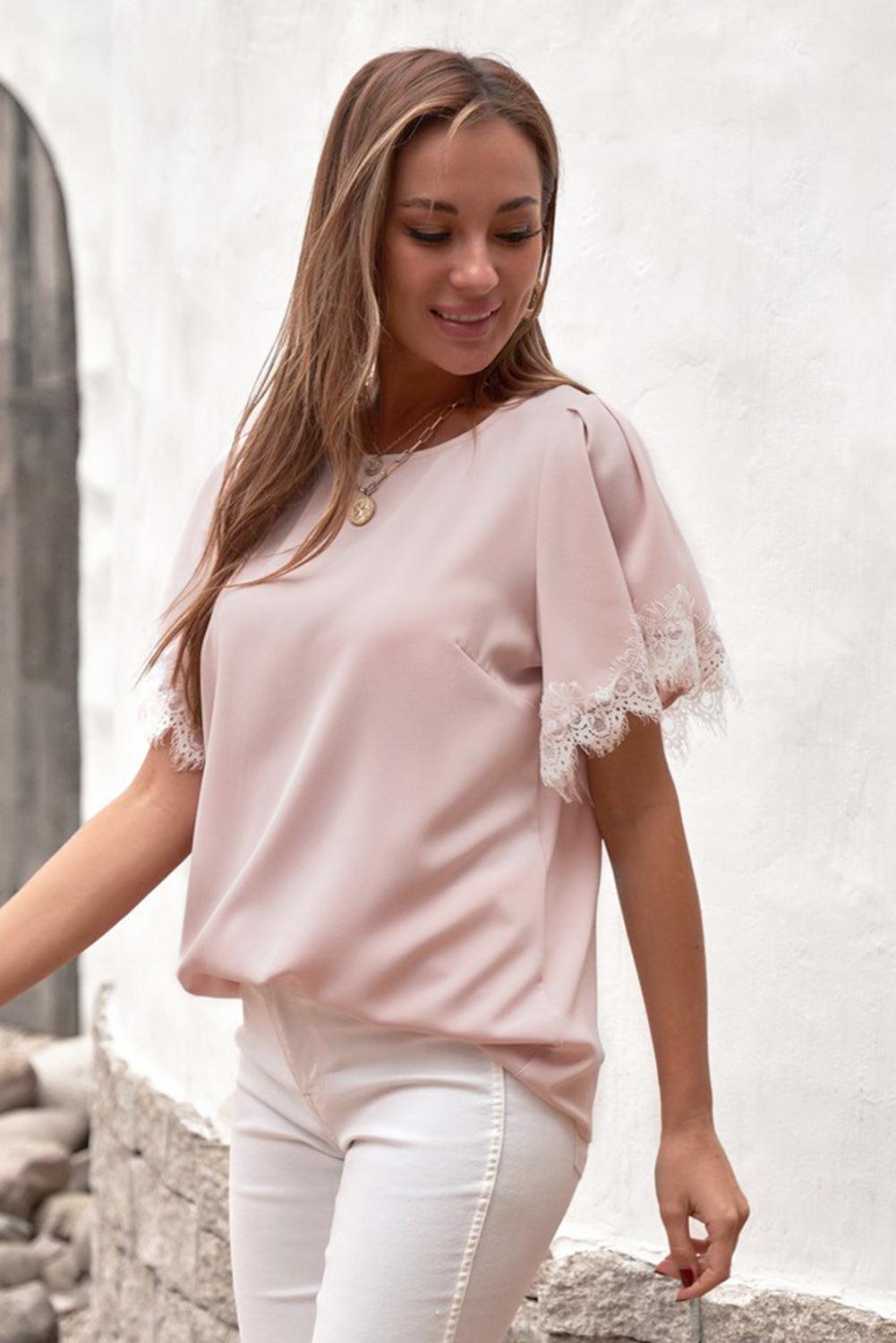 Sassy Saturday Flutter Sleeve Pink Lace Blouse - MXSTUDIO.COM