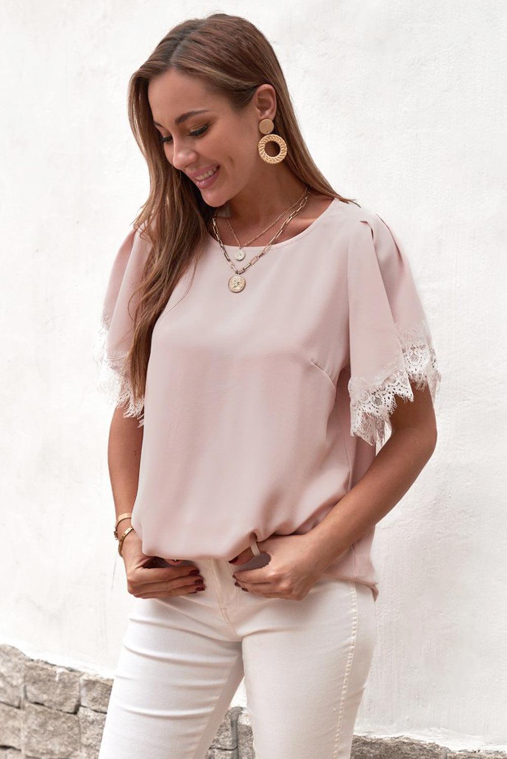 Sassy Saturday Flutter Sleeve Pink Lace Blouse - MXSTUDIO.COM