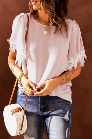 Sassy Saturday Flutter Sleeve Pink Lace Blouse - MXSTUDIO.COM