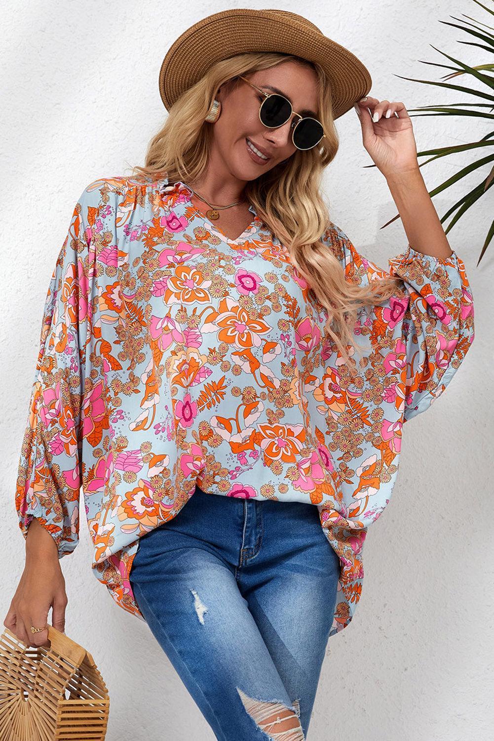 Satisfied Life Floral Long Dolman Sleeve Top - MXSTUDIO.COM