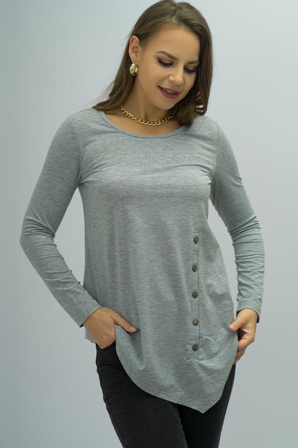 Satisfying Buttoned Gray Long Sleeve Top - MXSTUDIO.COM