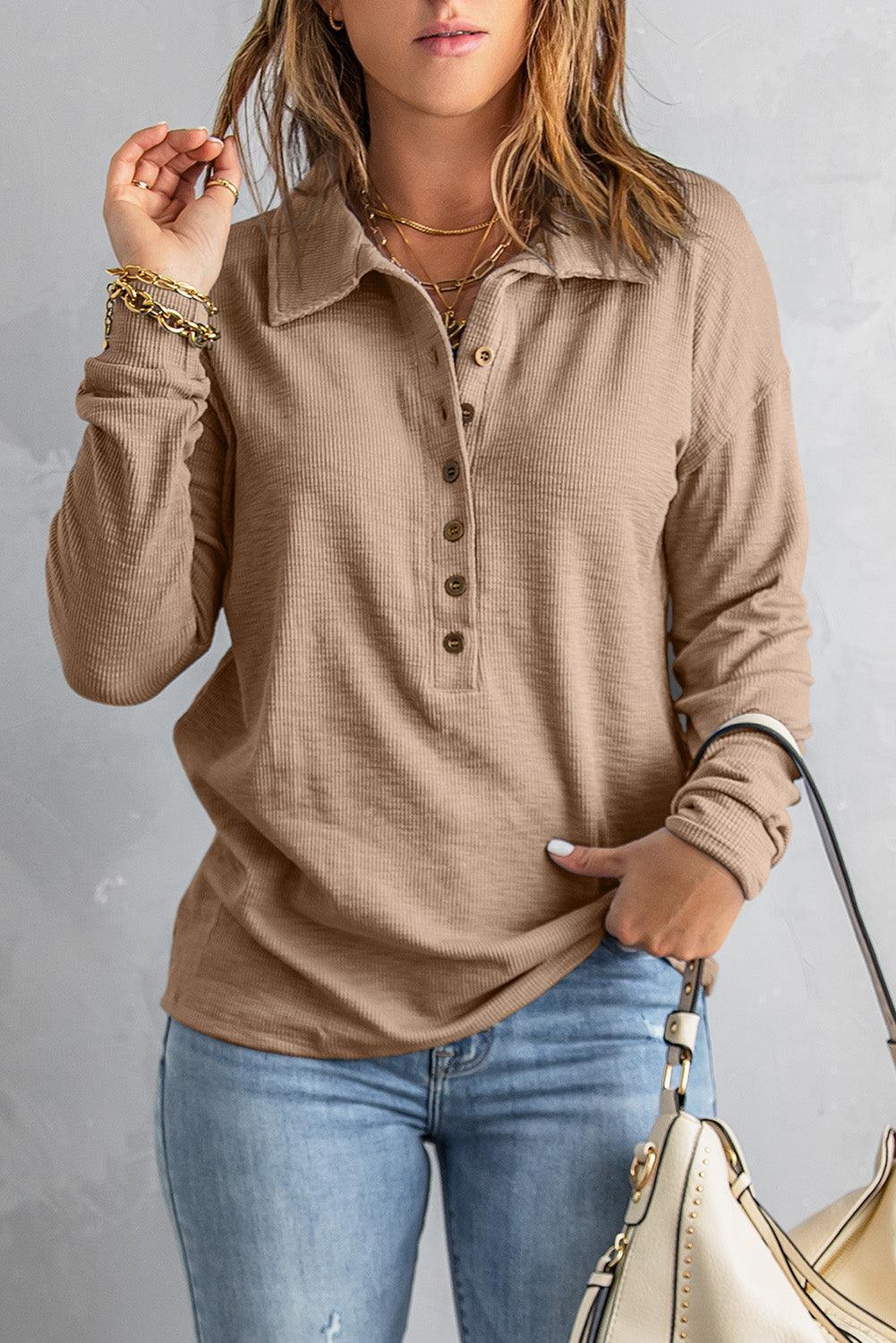 Satisfying Warmth Collared Long Sleeve T-Shirt - MXSTUDIO.COM