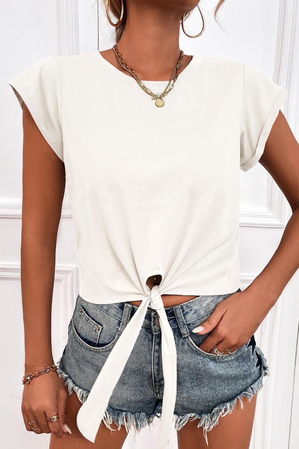 Saturday Babe Short Sleeve Tie Front Crop Top - MXSTUDIO.COM