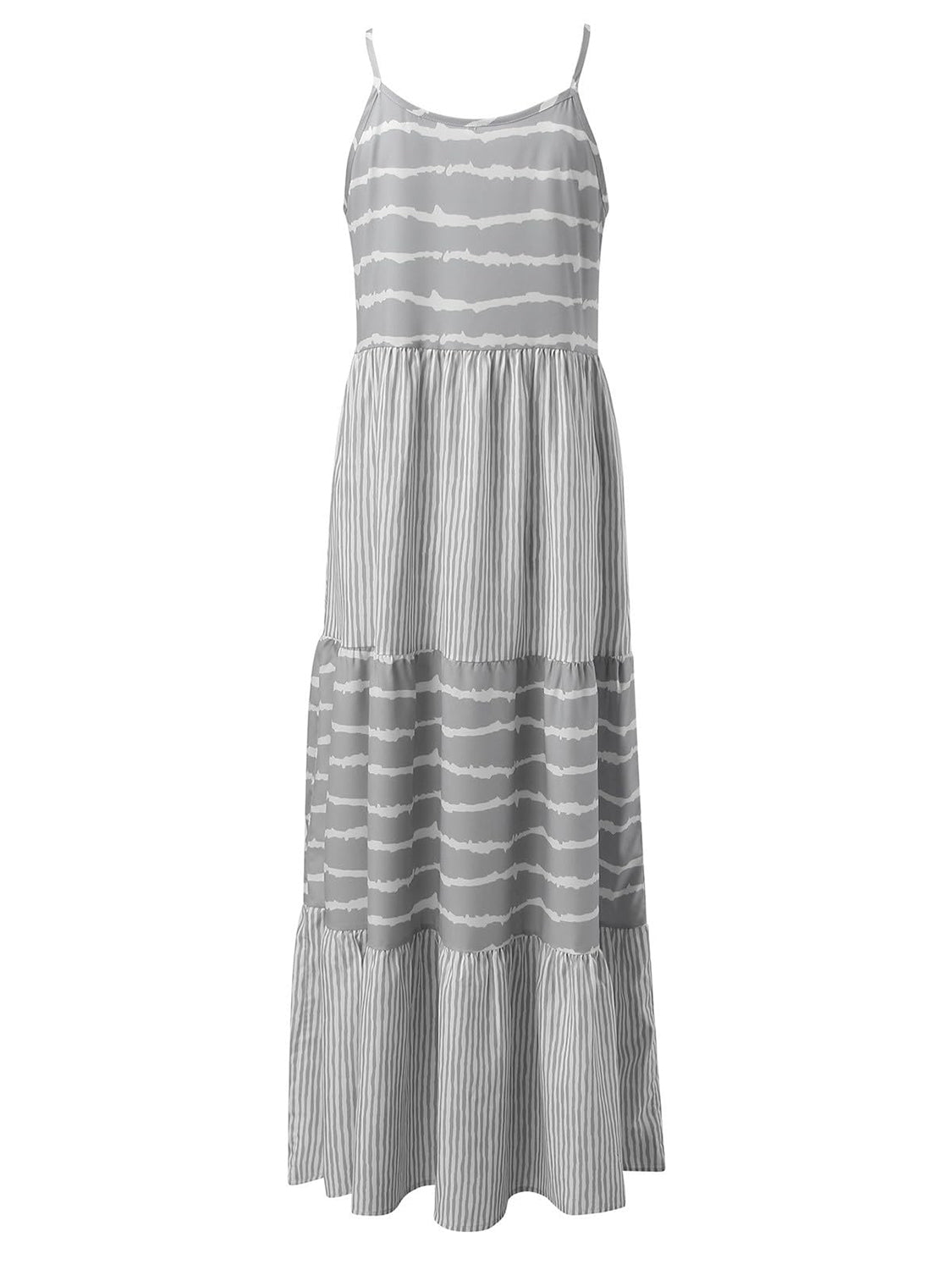 a women's dress in grey and white stripes