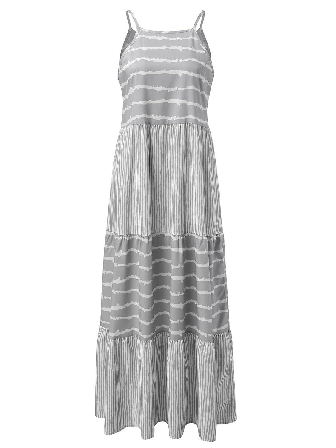 a women's dress in grey and white stripes