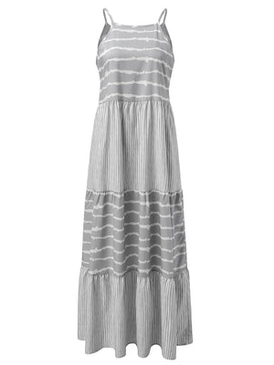 a women's dress in grey and white stripes