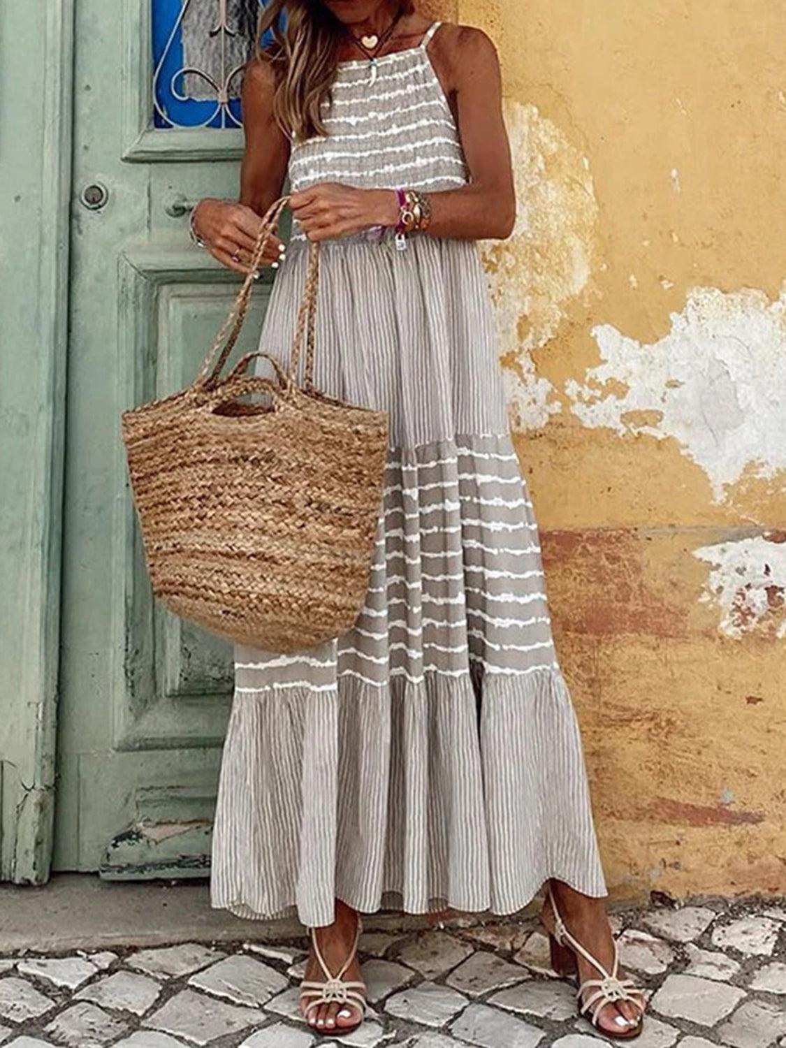 a woman standing in front of a door holding a basket