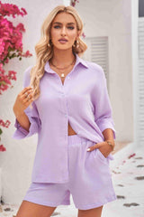 Saturday Chill Collared Button Shirt and Shorts Set - MXSTUDIO.COM