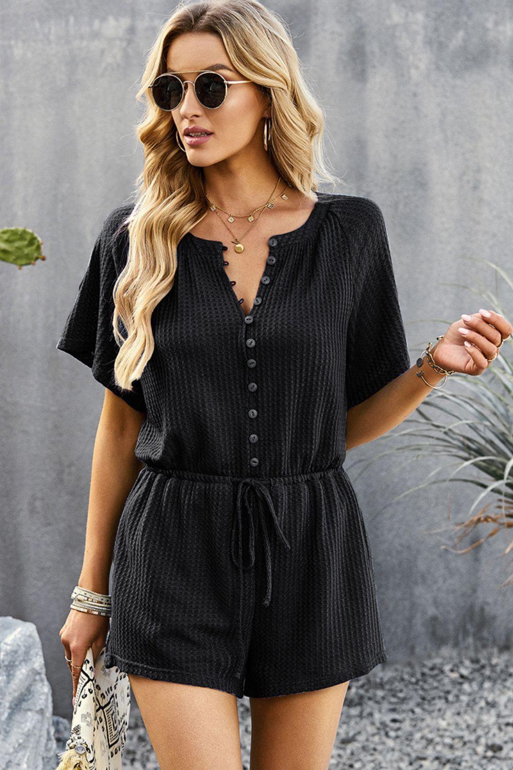 Saturday Well Spent Buttoned Waffle Knit Romper - MXSTUDIO.COM