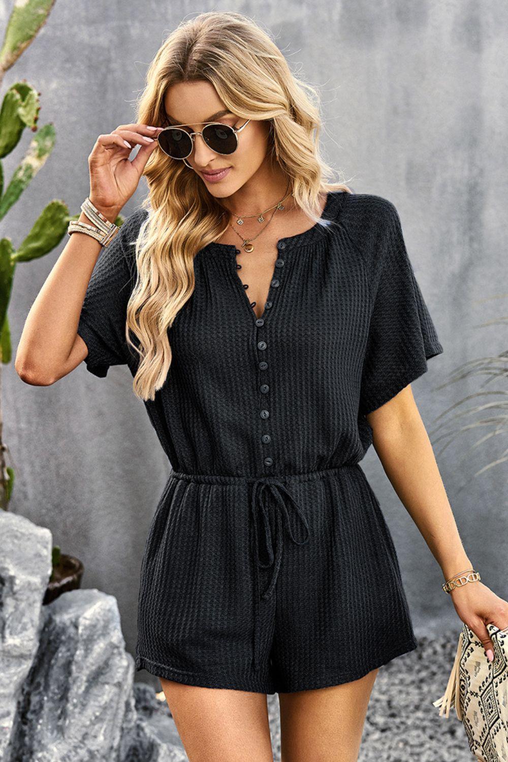 Saturday Well Spent Buttoned Waffle Knit Romper - MXSTUDIO.COM