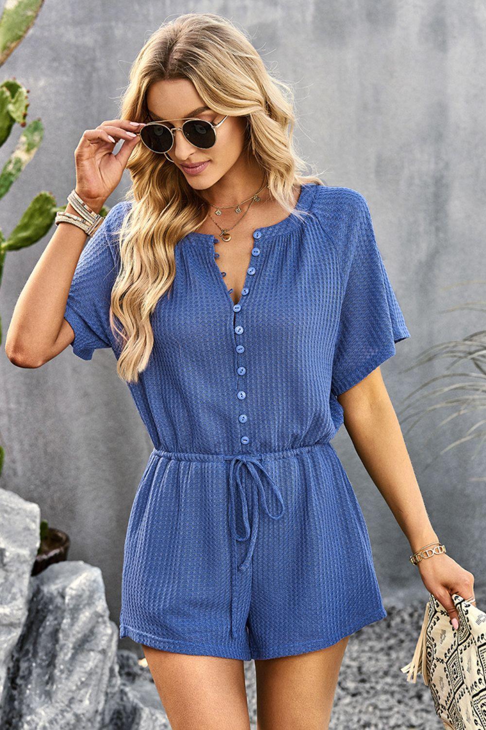 Saturday Well Spent Buttoned Waffle Knit Romper - MXSTUDIO.COM