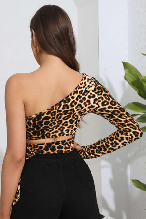 Savage Leopard Cutout One Shoulder Crop Top - MXSTUDIO.COM