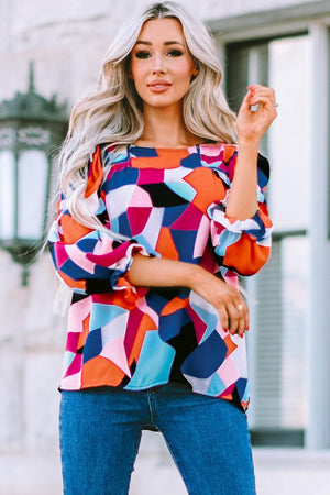 Savor Life Flounce Sleeve Geometric Blouse - MXSTUDIO.COM