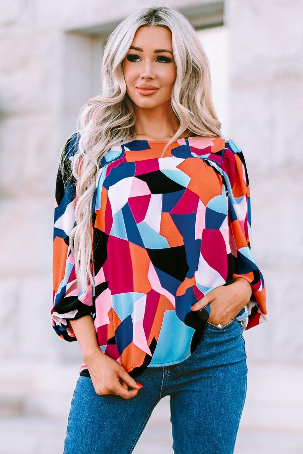 Savor Life Flounce Sleeve Geometric Blouse - MXSTUDIO.COM