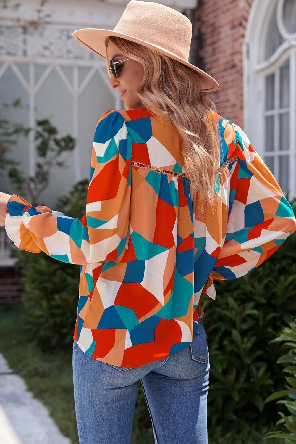 Savor Life Flounce Sleeve Geometric Blouse - MXSTUDIO.COM