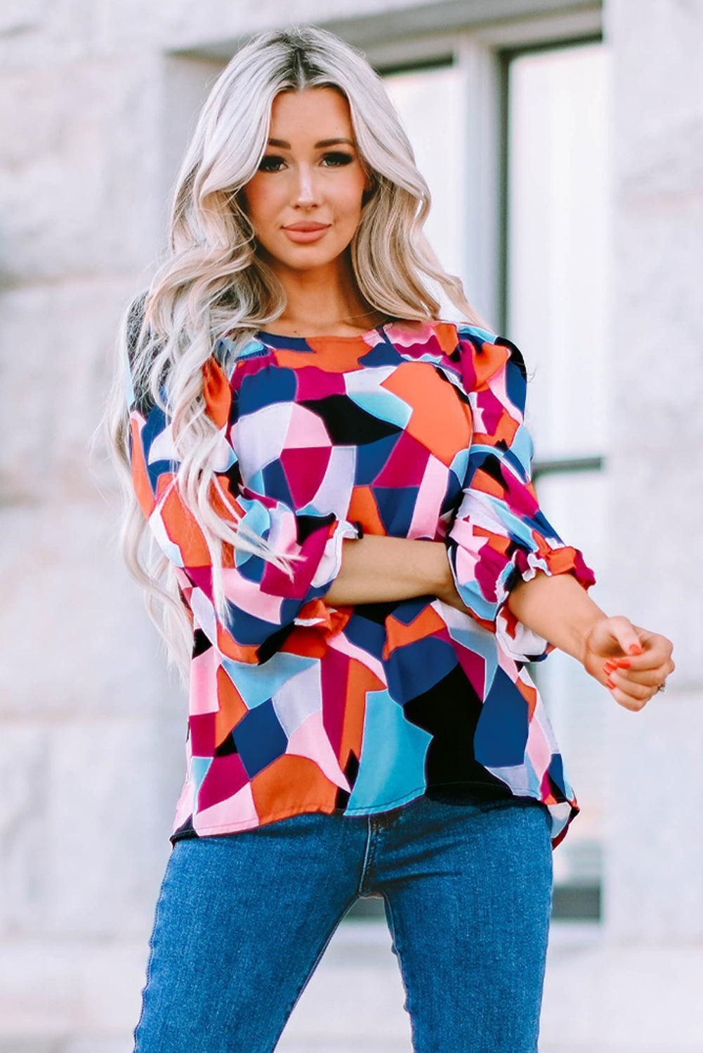 Savor Life Flounce Sleeve Geometric Blouse - MXSTUDIO.COM