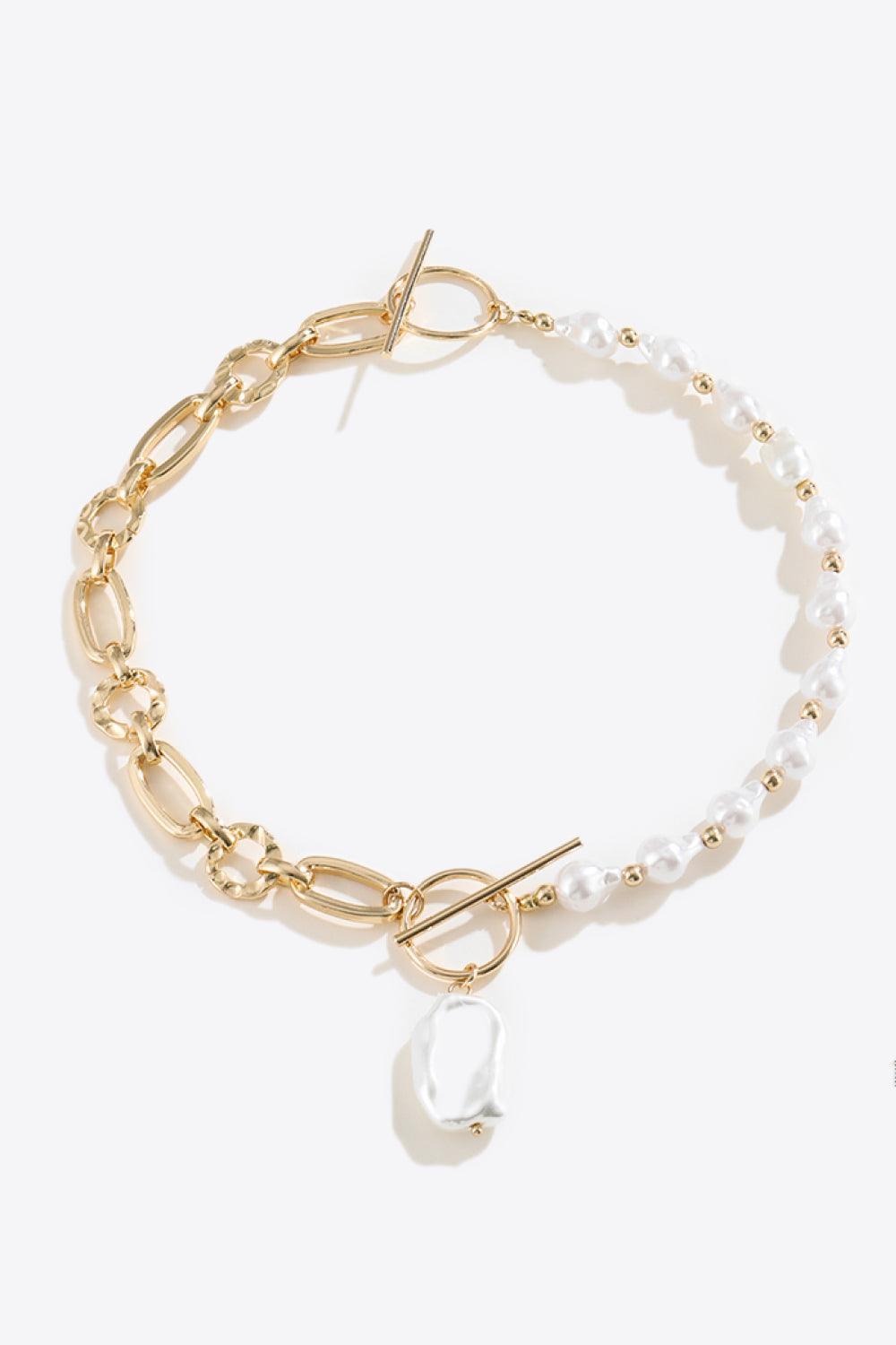 Scale Up Half Pearl Half Chain Toggle Clasp Necklace - MXSTUDIO.COM