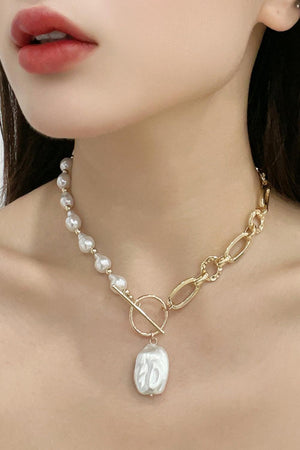 Scale Up Half Pearl Half Chain Toggle Clasp Necklace - MXSTUDIO.COM