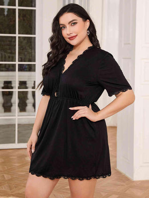 Scalloped Lace Trim Plus Size Black Nightgown - MXSTUDIO.COM