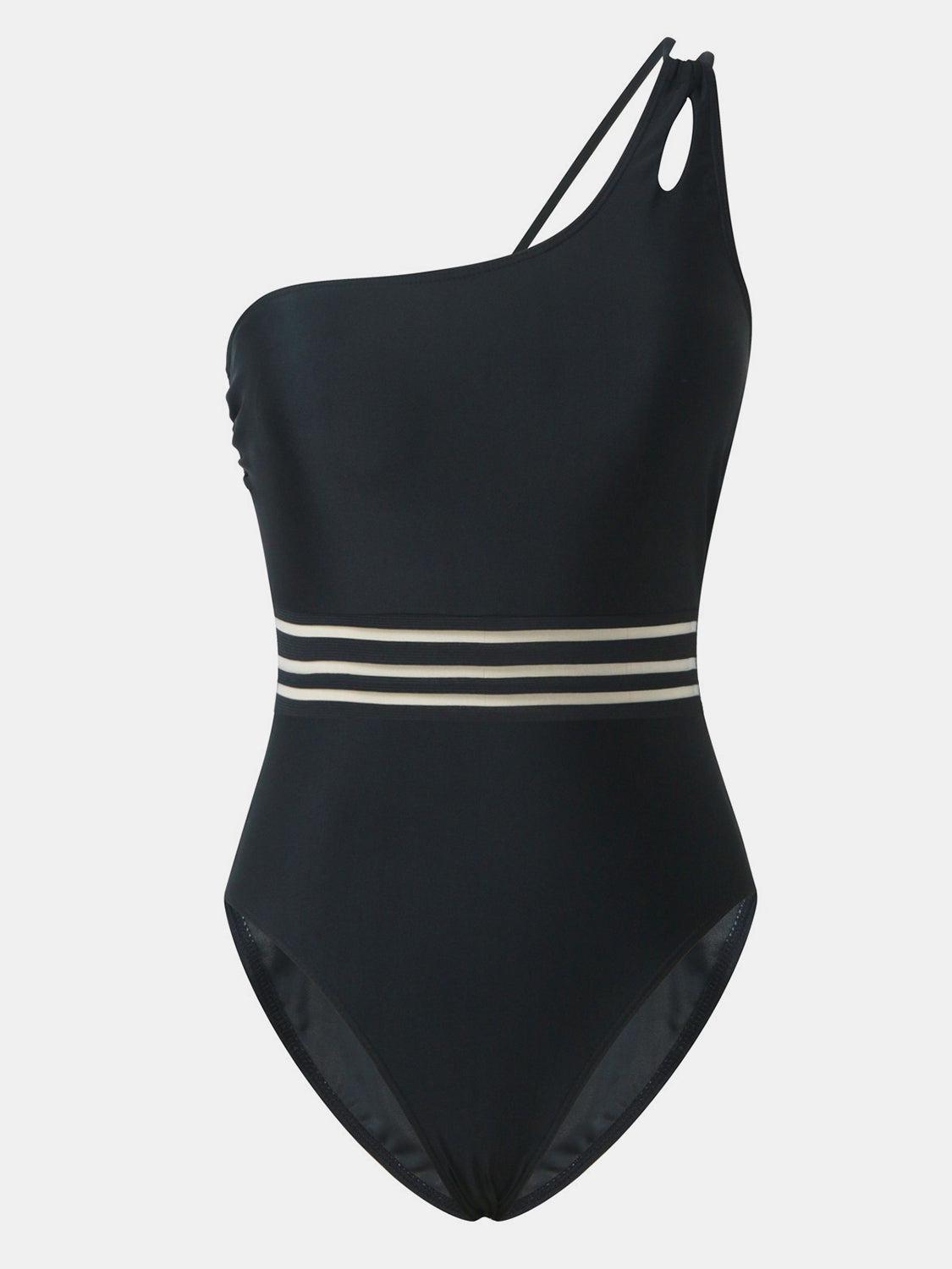 a black one piece swimsuit with white stripes