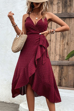 Seductive Spaghetti Strap Ruffled Wrap Dress - MXSTUDIO.COM