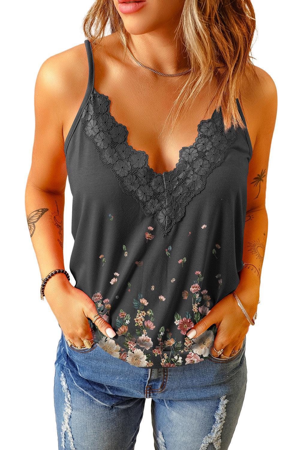 Self Treasure Scalloped Trim V-Neck Floral Lace Cami - MXSTUDIO.COM