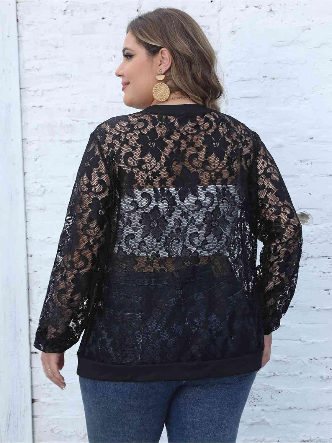 Semi-Sheer Black Plus Size Lace Open Front Cardigan - MXSTUDIO.COM