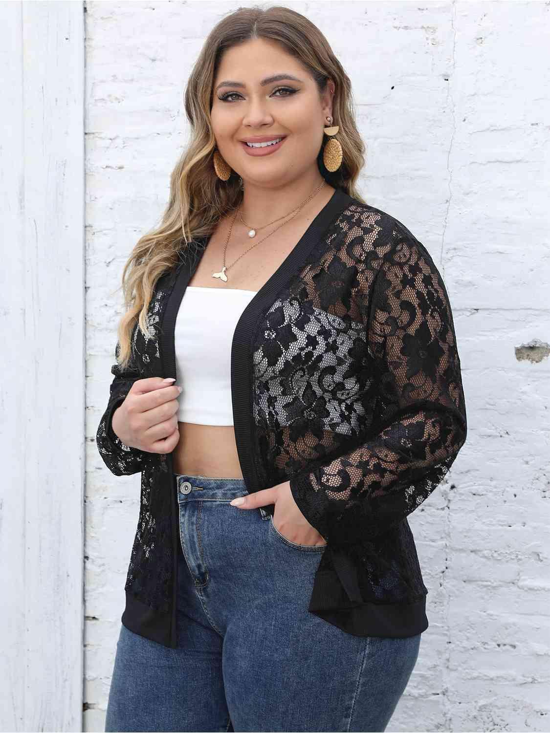 Semi-Sheer Black Plus Size Lace Open Front Cardigan - MXSTUDIO.COM