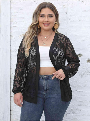 Semi-Sheer Black Plus Size Lace Open Front Cardigan - MXSTUDIO.COM